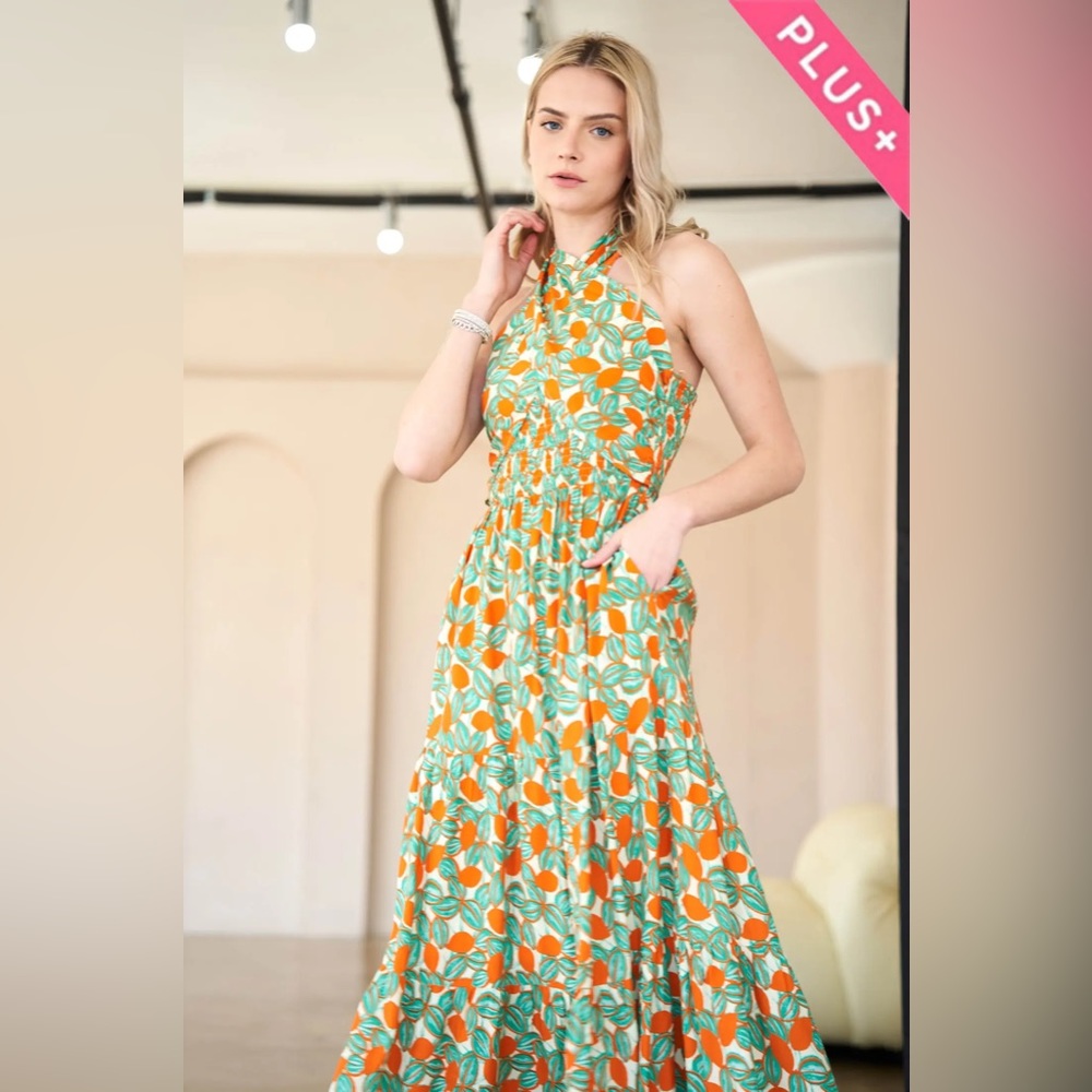 Plus Floral Tie Halter Neck Ruffle Midi Dress